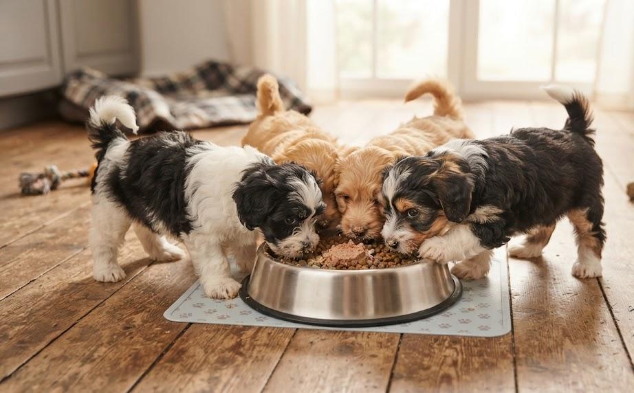 Des chiots Bichons Havanais qui mangent