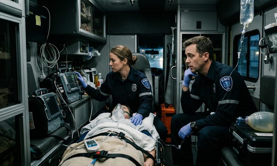 Ambulanciers durant le transport médical